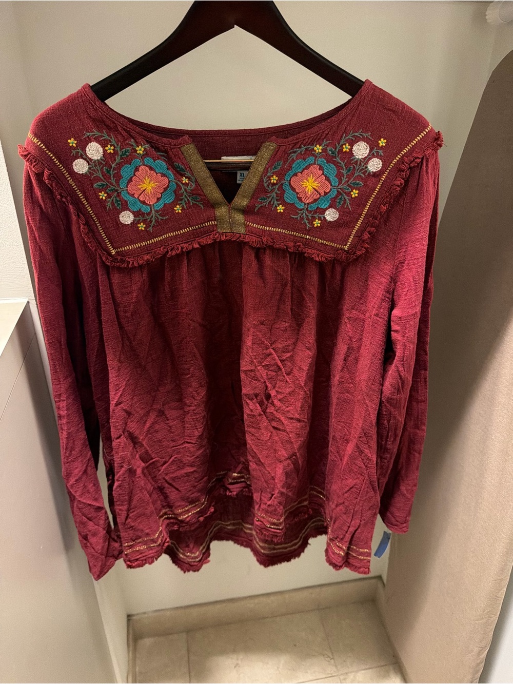 Grace & Lace XL Embroidered Boho Peasant Blouse Burgundy Floral Long Sleeve